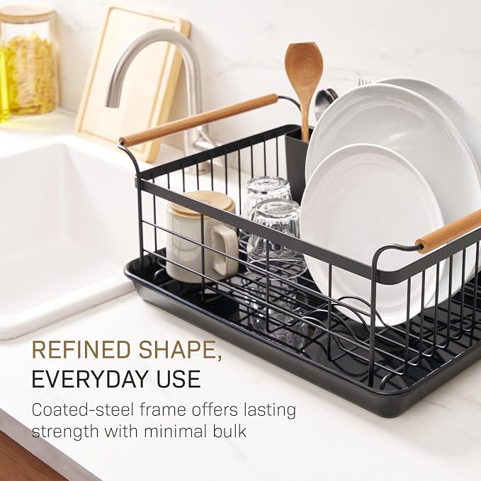 YAMAZAKI Home Dish Drying Rack – Modern Black Dish Rack for Kitchen Counter with Removable Drainer Tray and Cutlery Holder, Steel + Wood Dish Drying Organizer, Small Space-Saving Design - Image 6