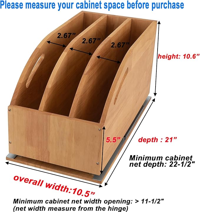 DINDON Pull Out Cabinet Organizer for Pans, Pot lid, Cookie Sheet, Cutting Board, Baking Tray, Slide Out Kitchen Cabinet Storage Organizer, 10.5''W X 21"D X 10.6"H, Wood - Image 2