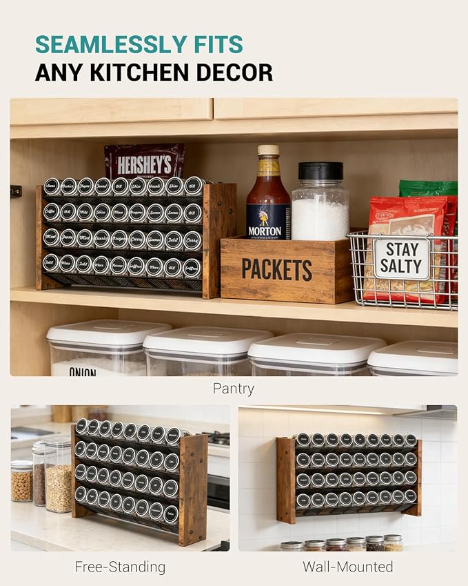NESAPTO Spice Rack Organizer with 36 Glass Spice Jars, Wood 4-Tier Seasoning Organizer with Labels for Cabinet, Pantry, Countertop or Wall Mount, Chalk Marker and Funnel Set, 17.2" W × 9.4" H - Image 7