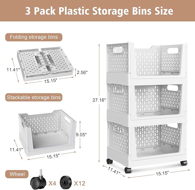 Stackable Storage Bins, Folding Collapsible Closet Organizers and Storage Bins Box, Plastic Shelves Drawer Organizer Container for Closet Office Bedroom Kitchen Bathroom with Wheels, White, 3 Pack - Image 2