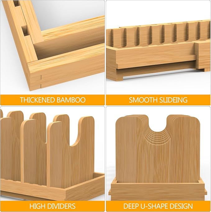 Pots and Pans Organizer under Cabinet,Pot and Pan Organizer,Lid Organizer | Expandable Bamboo Pan and Lid Organizer, 16" to 28" Adjustable Length and 10 Dividers - Image 8