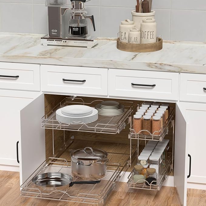 OCG 2 Tier Pull Out Cabinet Organizer (22.5" W x 21.5" D), Pull Out Drawers for Kitchen Cabinets, Pull Out Shelves for Base Cabinet Organization in Kitchen Bathroom Pantry, Chrome Finish - Image 6