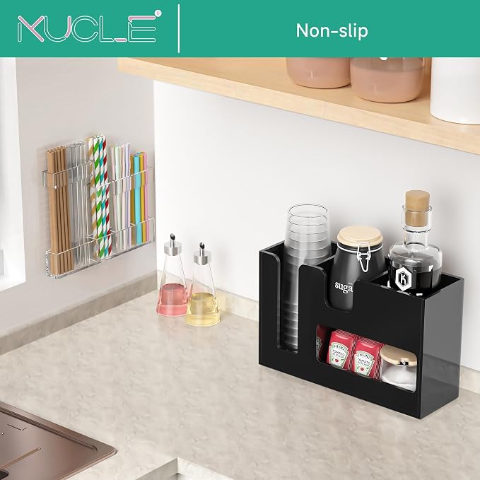 2-Tier Coffee Station Organizer for Countertop, 4 Compartments Black Acrylic Cup and Lid Holder Tea Condiment Storage Upright Coffee Bar Organizer Pod Dispenser for Office Breakroom Home Kitchen - Image 3