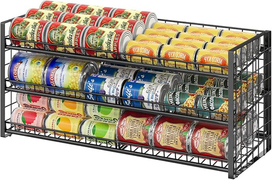 3 Tier Stackable Can Rack Organizer for Pantry Shelf, Adjustable Extra-Long Can Holder for Kitchen Storage, Sturdy Standing Rolling Can Dispenser for Canned Food Goods Drink Soup up to 96, Black by JKsmart
