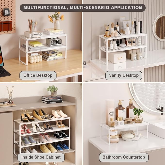 Magheo Expandable Cabinet Shelf Organizer, 2 Pack Stackable Kitchen Counter Shelf Riser, Metal Spice Rack Heavy Duty Countertop Organizer Storage for Kitchen, Pantry, Cupboard, Rv (5.9in Height,White) - Image 7