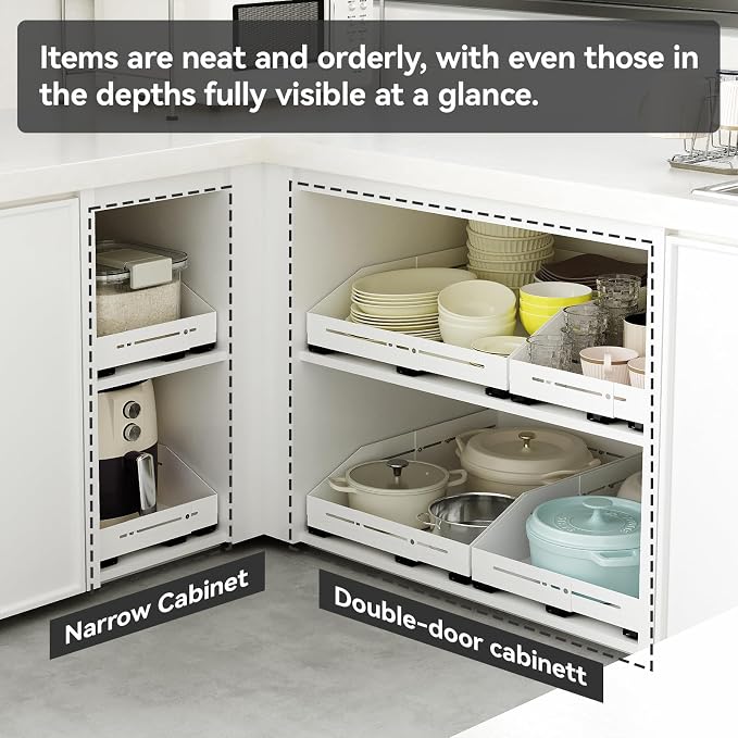 Pull Out Cabinet Organizer 12.5"-17.7"D&10"-15"W Raised Walls White | 5.5" Raised Side Walls Zero-Drill Adhesive Install 4-Way Expandable Design Triple-Rail Smooth Glide For Kitchen Cabinets - Image 6