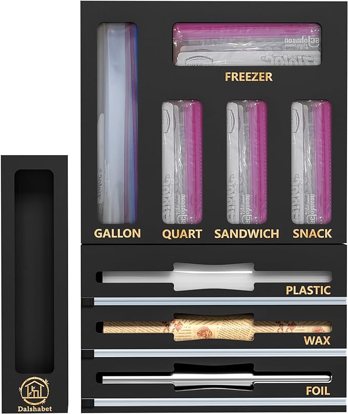 DALSHABET 9 IN1 Bamboo Storage Bag Drawer Organizer with Cutter, Foil and Plastic Wrap Dispenser for Kitchen Storage Compatible with All Brands Gallon, Quart, Sandwich & Snack Size Bags - Black by DALSHABET