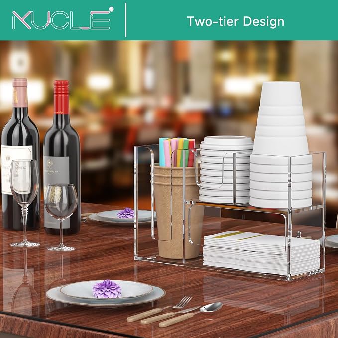 2-Tier Coffee Station Organizer for Countertop, 4 Compartments Clear Acrylic Cup and Lid Holder Tea Condiment Storage Upright Coffee Bar Organizer Pod Dispenser for Office Breakroom Home Kitchen - Image 6