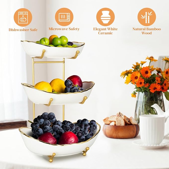 3 Tier Fruit Basket Ceramic Fruit Bowl Vegetable Storage with Metal Rack Porcelain Fruit Stand Storage Holder for Kitchen Counter Large Capacity Fruit Holder for Bread, Snack | Ceramic Bowls, Metal Rack, Large Capacity, Perfect For Fruit, Vegetables, B... - Image 5