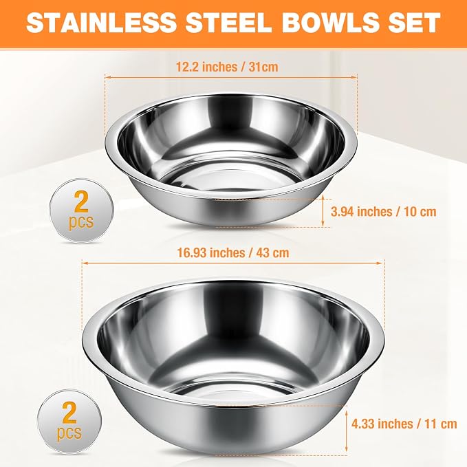 Stainless Steel Mixing Bowls Set - 4-Piece Polished Mirror Nesting Bowls 2 Pcs 8-Quart and 2 Pcs 16-Quart Flat Base Ideal for Kitchen, Cooking, Baking and Storage, Shallow - Image 2