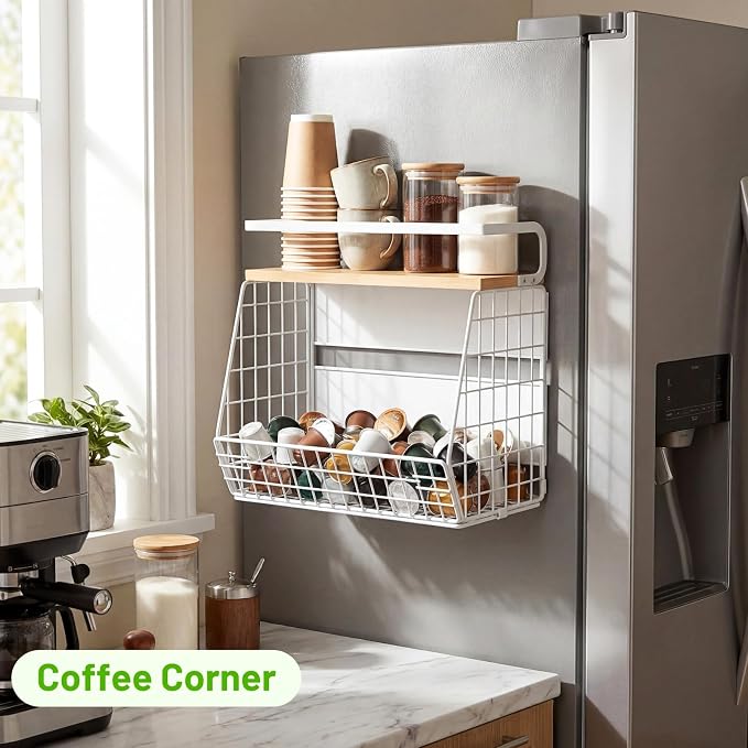 Magnetic Fridge Shelf with Wood Lid, Fruit Potato Onion Storage Bins, Pantry Organizers, Large Container Spice Rack for Refrigerator, Kitchen Counter, Cabinet (2, White) - Image 7