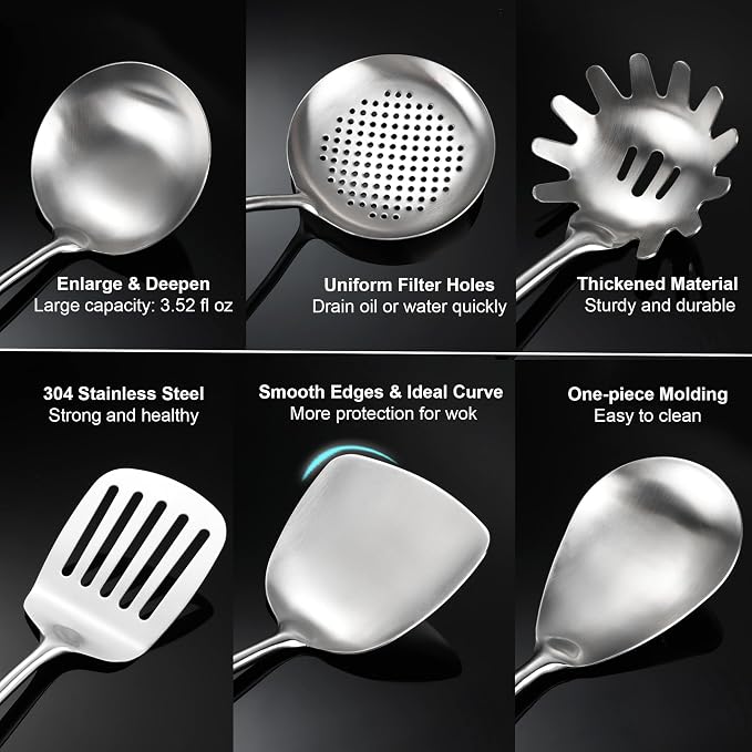 Stainless Steel Kitchen Utensils Set for Cooking Wooden Handle | Food Grade 304, Sturdy, Wooden Handle, Anti Scald, Good Weight, Well Balance, Work with Large Batches - Image 3