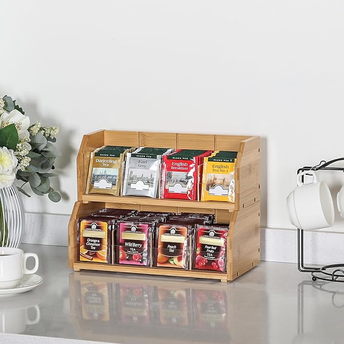 2-Layer Stackable Bamboo Tea Bag Organizer Storage Holder, Natural | Holds 150 tea bags, Removable Compartments, Wood, Acrylic dividers, 12.2 x 5.9 x 9.25 in, for Cabinet, Countertop, Office - Image 4