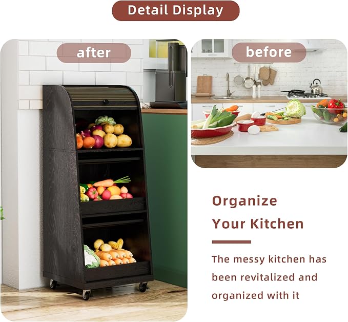 Movable Potato Storage Bins, Fruit Vegetable Basket, Kitchen Pantry Cabinet | Potato and Onion Storage Bin, for Bread, Mid Century Modern, Wooden, with Sliding Door and Wheels, Flip top, 3 Tier, Black - Image 6