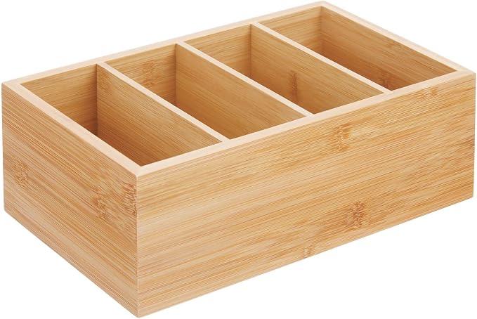 mDesign Bamboo Wood Compact Food Storage Organizer Bin Box - 4 Divided Sections - Holder for Seasoning Packets, Pouches, Soups, Spices, Snacks - Natural - Image 9