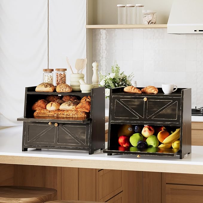Trironsun Vintage Double Layer Bread Box for Kitchen Counter Bamboo Bread Storage Container Large Capacity Bread Storage Bin (Antique Black) - Image 6