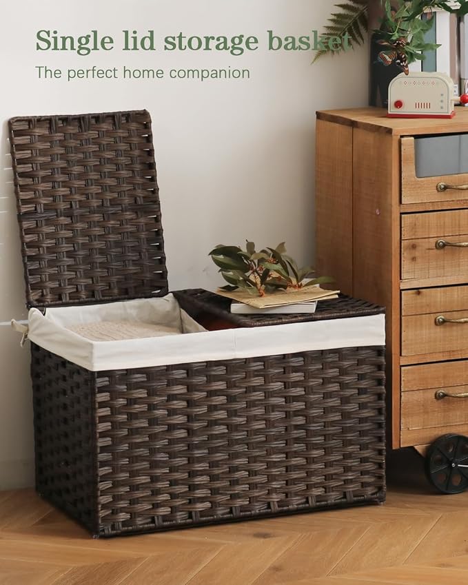 SETVSON Storage Basket with Lid, 2-Lid PE Rattan Storage Bin, Brown | 65L Storage Bin with 2 Separate Lids, 2 Removable Liners with Divider for Clothes & Blankets, Sturdy Frame, Brown - Image 2