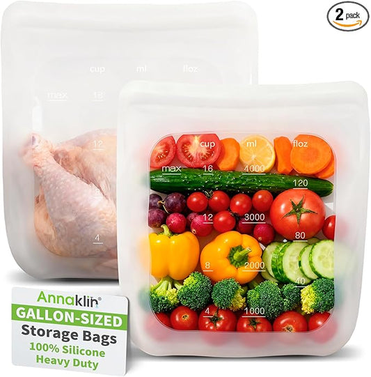 100% Silicone Gallon Storage Bags, Extra Large Reusable 1 Gallon Silicone Storage Bags Stand-Up Zip-Lock Leakproof for Bulk Food & Large Portions, Freezer Microwave Sous Vide Dishwasher Safe, 2 Pack by Annaklin