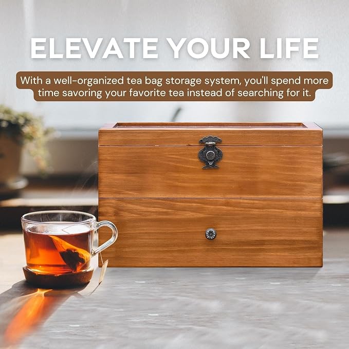 WELLAND Wood Tea Bag Organizer, Storage Box with Clear Acrylic Window, 2-layer 14 Compartments Large Capacity Tea Bag Holders, Gift Idea - Image 4