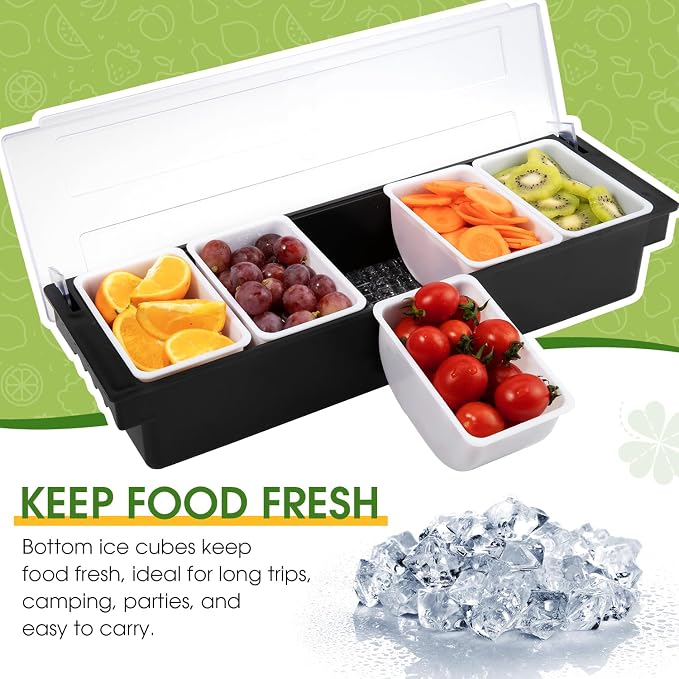 Fruit, Veggie & Condiment Caddy with Lid, 5 Removable Compartments, Ice-Cooled Garnish Tray for Bartenders, Pizza Topping Organizer, Taco Bar Cooler, Portable Condiment Serving Tray | Ice chamber, keeps fruit & toppings chilled, 5 separate sections, re... - Image 2