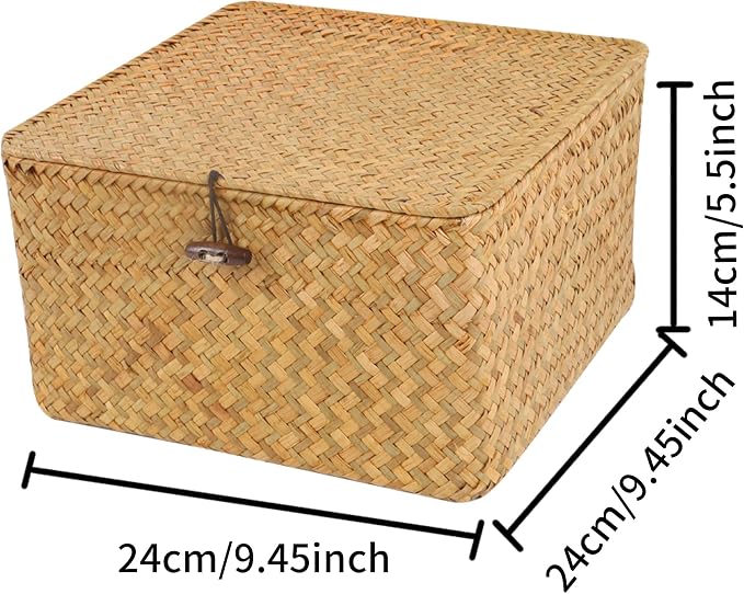 Moosky Wicker Shelf Baskets with Lid, Handwoven Seagrass Storage Basket Bins Square Gift Boxes for Shelves Home Decor Organizer (Natural, Medium) - Image 4