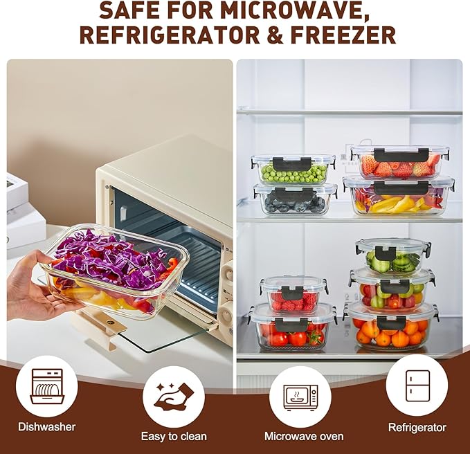 Liuruiyu 12 Pack Glass Food Storage Containers with Lids, Meal Prep Containers, Airtight Bento Boxes with Leak Proof Locking for Microwave, Oven, Freezer and Dishwasher, BPA Free - Image 6