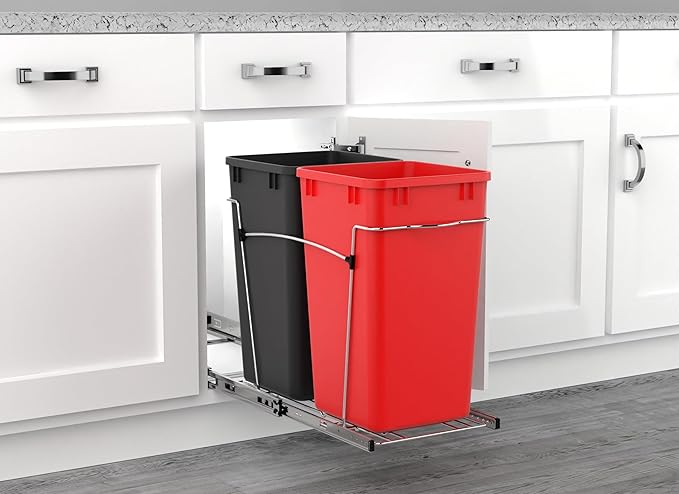 Rev-A-Shelf Pullout Trash Can for Kitchen Cabinets 27 Qt Garbage Recycling Bin with Full Extension Slides, Red/Black, RV-15KD-1618C-S - Image 6