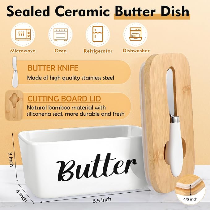 Hushee Metal Bread Box and Butter Dish with Bamboo Cutting Board Lid and Knife Bread Storage Container Breadbox for Kitchen Counter Butter Organizer for Kitchen Countertop Decoration(White) - Image 3