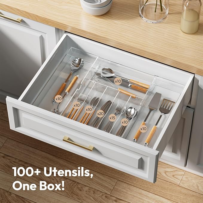 NIUBEE Acrylic Utensil Silverware Tray for Drawer, Clear Cutlery Organizer | Expandable Silverware Organizer for Flatware, 9 Compartments Adjustable Utensil Organizer,Clear Silverware Holder for Kitchen - Image 6