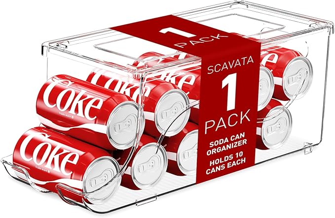 SCAVATA Stackable Refrigerator Organizer, Soda Can Dispenser Pop Cans Container Beverage Holder with Lid for Fridge, Freezer, Kitchen, Clear Plastic Storage Bins-Holds 10 Cans Each (One) by Tidyyourlife