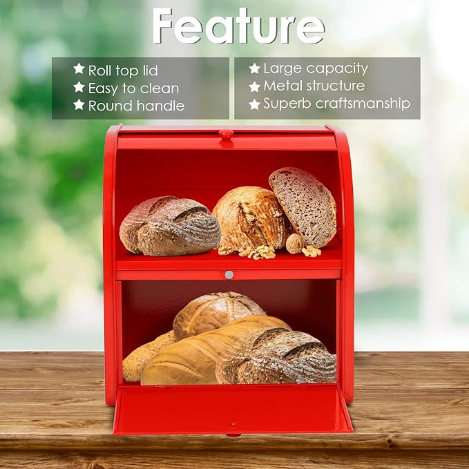 Widousy 2 Layer Metal Bread Boxes, Bread Box Storage Bin Kitchen Container with Roll Top Lid Iron Countertop Containers Metal Food Storage Bread Keeper Large Capacity Home Kitchen Counter（Red） - Image 4