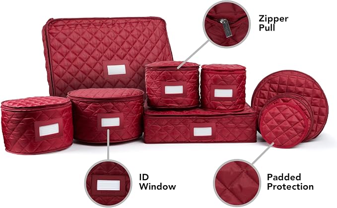 Covermates Keepsakes Dish Storage Set – Padded China & Dinnerware Storage Cases with Dividers, Cup & Stemware Storage, Quilted Polyester Protection, ID Window, Red - Image 5
