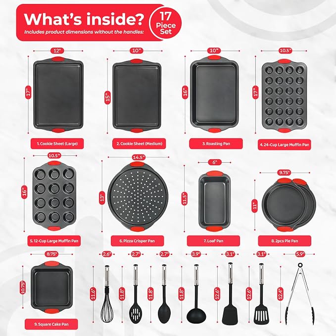 Non-Stick 17-Piece Baking Pan Set, BPA-Free Carbon Steel Bakeware Set with Silicone Handles, Stackable Kitchen Oven Set, Cookie Sheet, Baking Tray, Baking Sheet Set, Utensils, Oven Safe (446°F) - Image 2