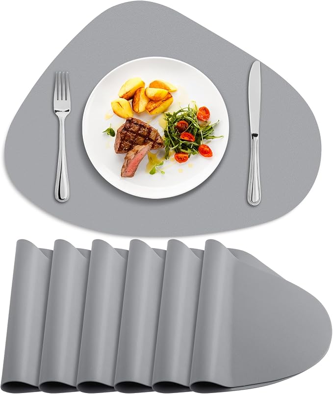 Faux Leather Placemats Set of 6, Wipeable & Washable Table Mats | Waterproof, Heat-Resistant & Easy to Clean Round Place Mats for Dining & Kitchen, 17''x13'', Grey by Delicateandelegantplacemats