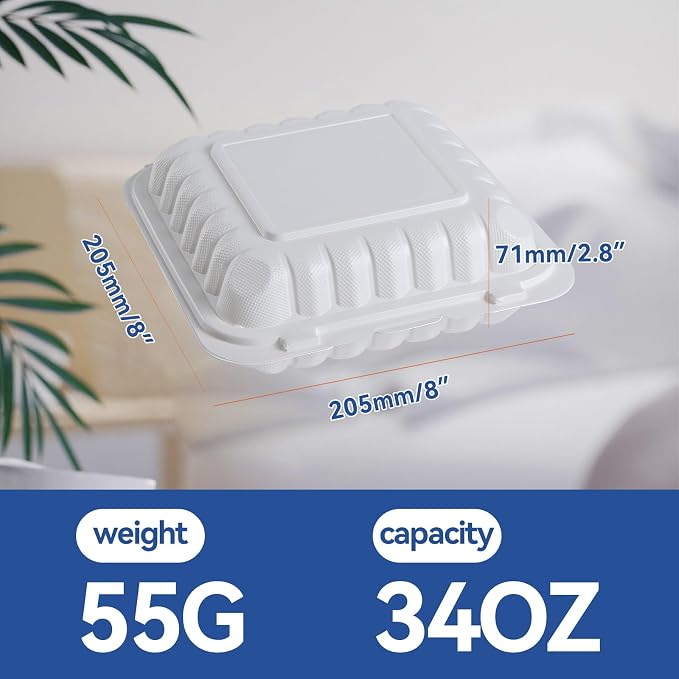 White To Go Containers 8" 34 oz 55 Pack - Shrink Wrap Ready to Use | Mineral Filled PP BPA Free Clamshell Boxes | Food Grade Freezer Microwave Dishwasher Safe | Bulk for Catering & Restaurants - Image 3