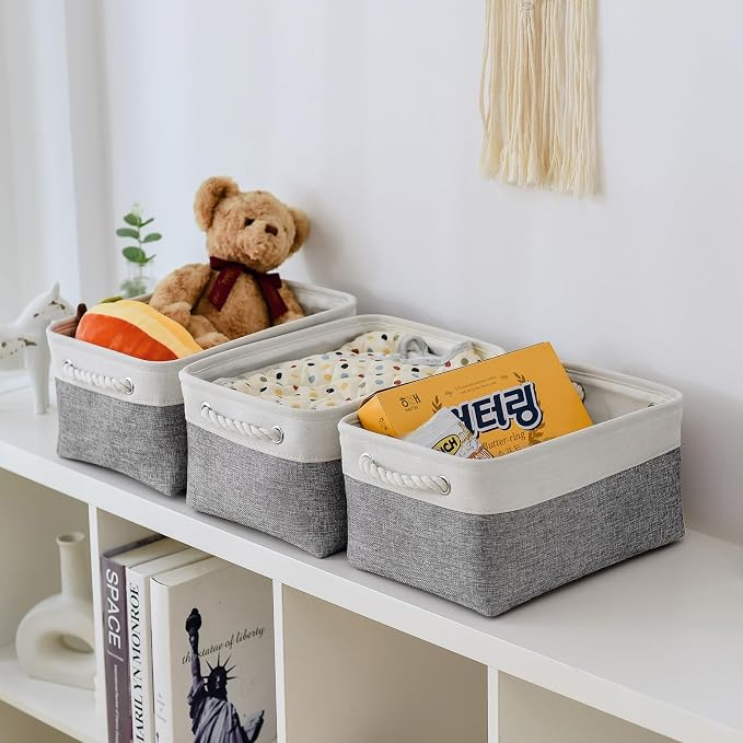 Organization and Storage Basket for Shelves - 1 Pack 14x10x6.7 inch Collapsible Storage Bins, Fabric Storage Cubes for Closet Organizer Toy Gift Cloth (White & Grey) - Image 2