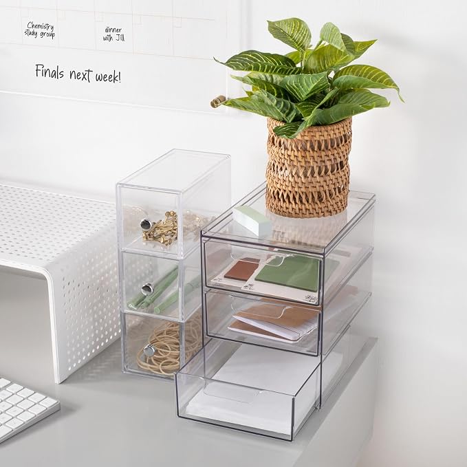 mDesign Plastic Stackable Organizer with 3 Drawers - Pull-Out Drawer Storage Bin for Bathroom Sink/Cabinet Organization - Perfect for Makeup, Small Towels, and More - Lumiere Collection, 2 Pack, Clear - Image 2