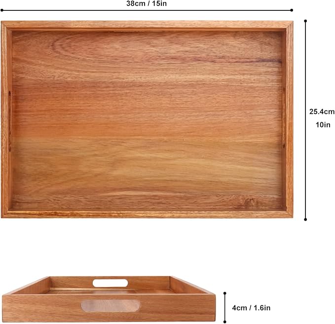 3 PCS Acacia Wood Serving Tray with Handles - 15 x 10 Inch Elegant Rectangle Wooden Tray for Food, Decorative Snack Tray, Breakfast and Kitchen Tray, Ideal Wooden Serving Platter for Homes - Image 2