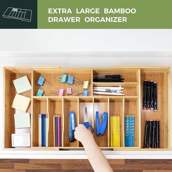 VaeFae Extra Large Kitchen Utensil Holder, Bamboo Silverware Drawer Organizer, Expandable Cutlery Organizer with Knife Block, Multifunctional Drawer Divider (10-12 compartments) - Image 4