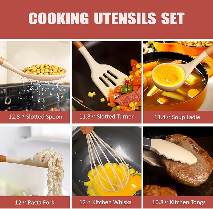 Cooking Utensils Set,18-Piece Kitchen Utensils and Knife Set,Khiki | Food-grade Silicone Utensils Heat-resistant to 410°F,5-Piece Stainless Steel Kitchen Knife with Sharpener and Cutting Board - Image 5