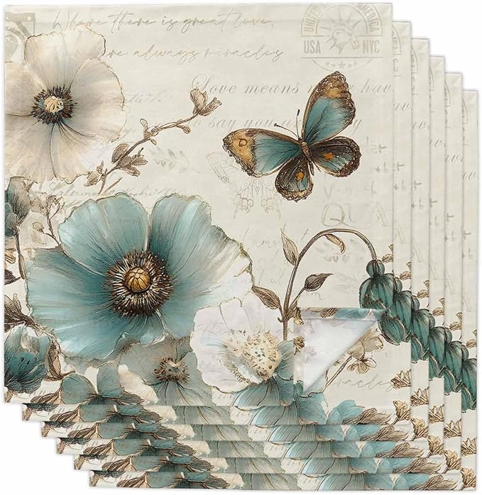 Turquoise Flowers Cloth Napkins Washable Set of 6, 20 x 20 Inch Reusable Rustic Spring Botanical Floral Butterfly Dinner Table Napkins Cloth Bulk for Weddings Kitchen Restaurants Hotel Events Parties by SODIKA