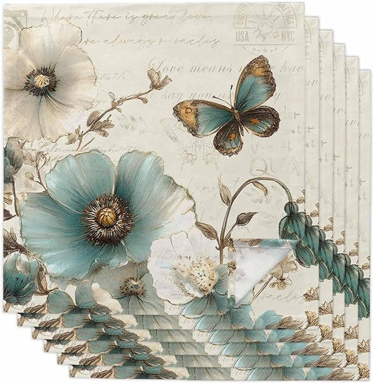 Turquoise Flowers Cloth Napkins Washable Set of 6, 20 x 20 Inch Reusable Rustic Spring Botanical Floral Butterfly Dinner Table Napkins Cloth Bulk for Weddings Kitchen Restaurants Hotel Events Parties by SODIKA