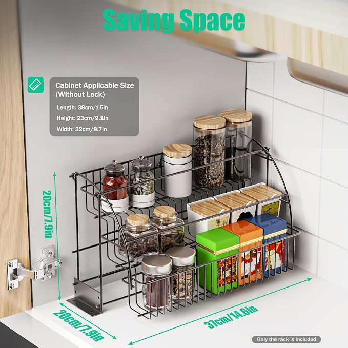 3-Tier Pull Down Spice Rack,Large Capacity Kitchen Storage Shelf Organizer Heightened Guardrail & Enlarged Mounting Plate for Cabinet/Pantry Holds Seasoning Jars Bottles Shakers Retractable Organizer - Image 3