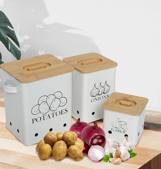 Kitchen Canisters Set, Storage Bin for Potato Onion & Garlic, 3 Pack Set Countertop Pots Containers with Wooden Lid - Potato Storage, Garlic Bin, Onion Keeper Tin with Aerating Holes-White - Image 5