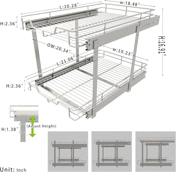 EZKAZA Pull Out Cabinet Organizer 20.5" W x 21" D, 2-Tier Kitchen Cabinet Pullout Shelf and Drawer Organizer Slide Out Pantry Storage Basket, 19.2" W x 21" D x 2.4" H for Bottom Basket Size - Image 3