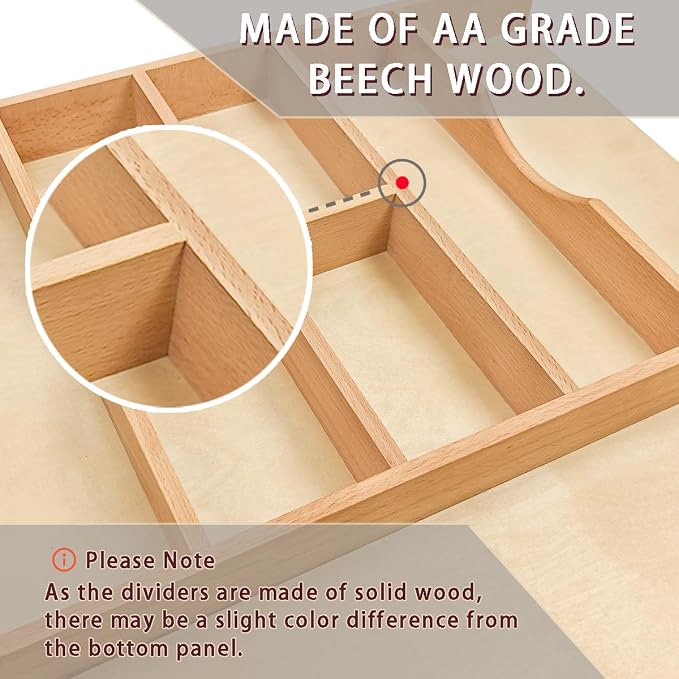 Silverware Drawer Organizer - Trim-to-Fit with Adjustable Dividers for Kitchen Utensil Storage, Beech Wood Frame with 11 Sizes (12.63" W x 22" D) - Image 5