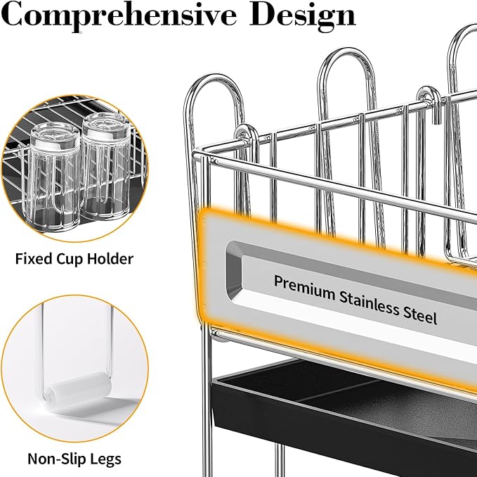 Delamu 2 Tier Dish Drying Rack, Large Dish Racks for Kitchen Counter, Stainless Steel Multifunctional Dish Drainer with Cutlery & Cup Holders, Extendable from 13.4 to 28.7 in, Black - Image 8
