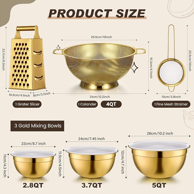 6 Pcs Gold Kitchen Accessories Set Includes 3 Gold Mixing Bowls with Airtight Lids Stainless Steel Colander Grater Slicer and Fine Mesh Strainer(Mixing Bowls: 2.8/3.7/5 Qt, Colander: 4 Qt) - Image 2