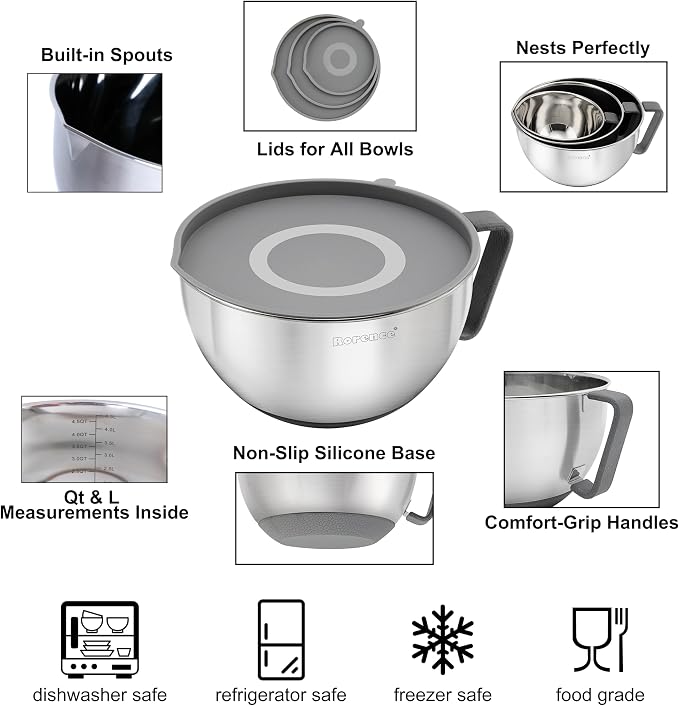 Stainless Steel Mixing Bowls Set with Lids,1.5,3 & 5 Qt,Gray | Non-Slip Silicone Base,Precision Pour Spout,Ergonomic Easy-Grip Handle,Measurement Marks,Airtight Lids,Cooking & Meal Prep - Image 4
