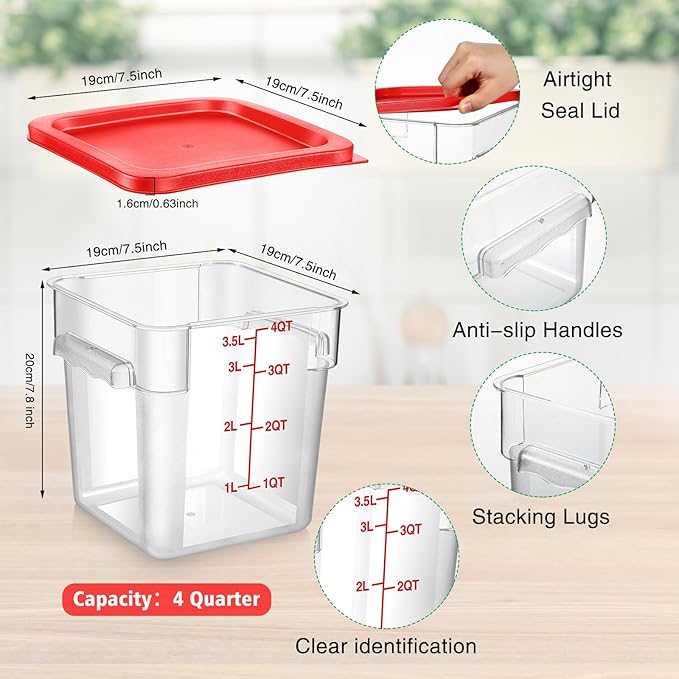 2 Pcs Square Food Storage Container Polycarbonate Clear Food Container with Lid Commercial Rice Storage with Graduations for Commercial Kitchen(2 Qt,4 Qt,Red) - Image 2